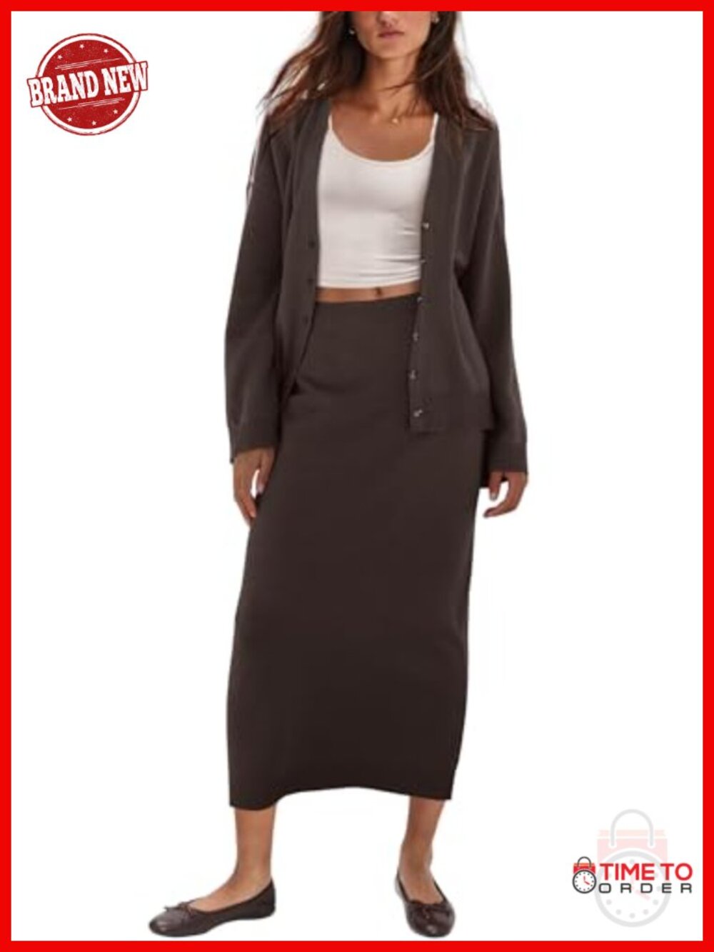 Womens 2 Piece Sweater Skirt Set V Neck Cardigan Maxi Skirt Lounge